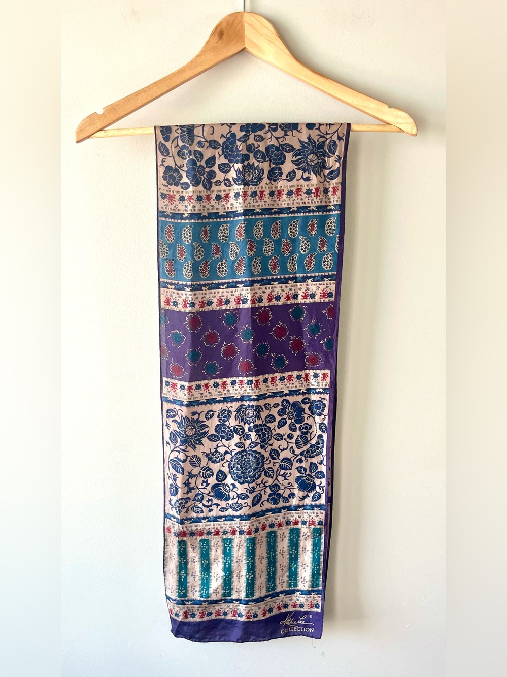 100% Silk Vintage Kathie Lee Collection Purple & Teal Paisley Floral Scarf